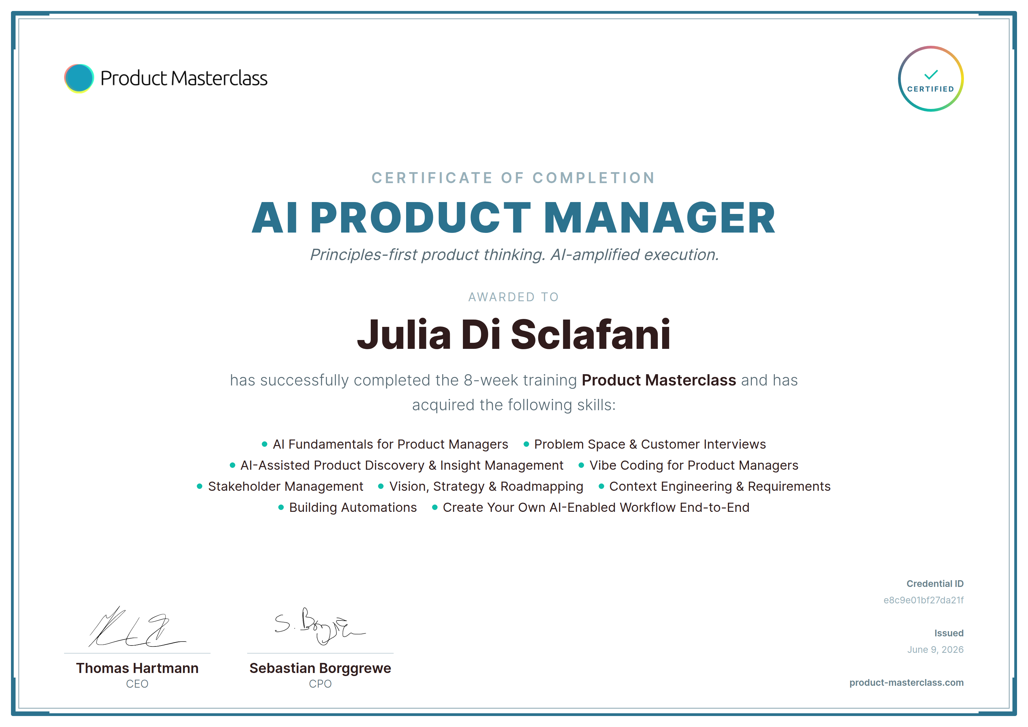Certificate for Julia Di Sclafani